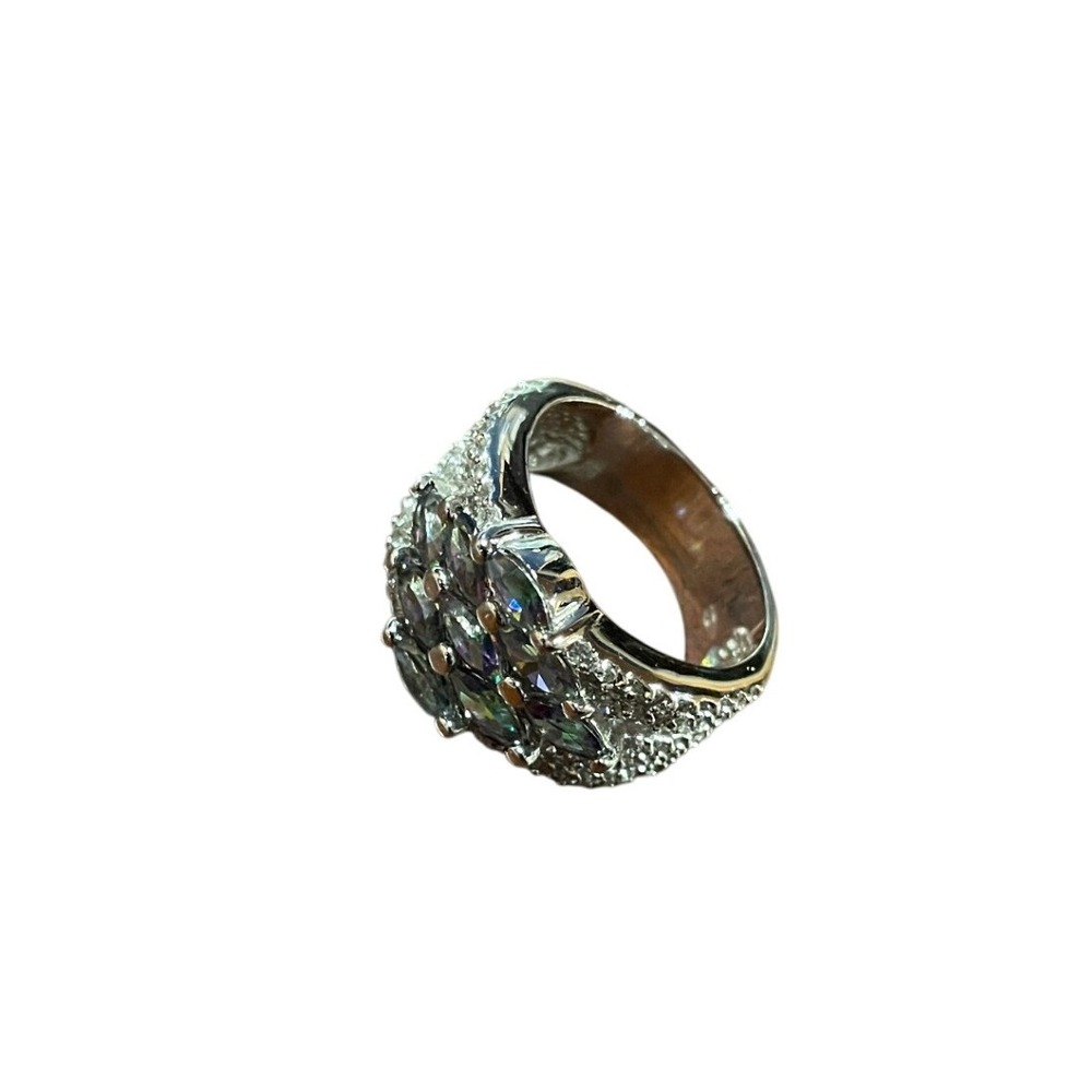 Mystic Topaz Marquise Cluster Wide Band Ring Silver Tone Size 7.5 Statement